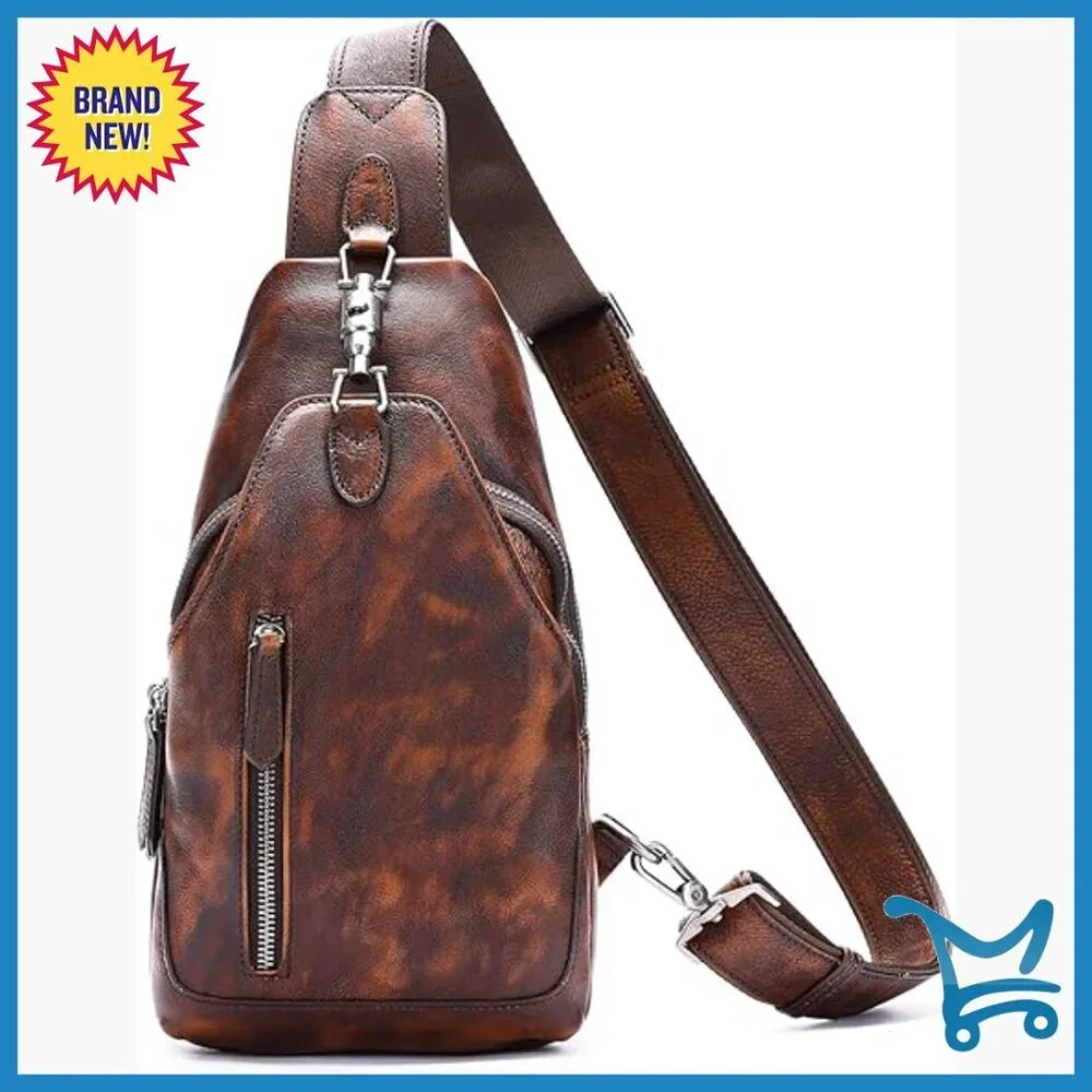 Genuine Leather Crossbody Sling Bag with Adjustable Strap, 8 Pockets